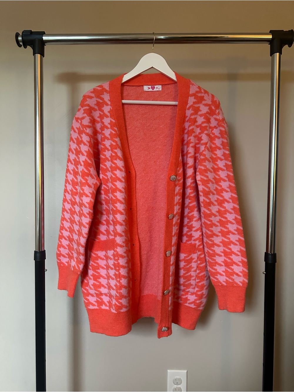 Buddy Love Coral and Light Pink Houndstooth Cardigan